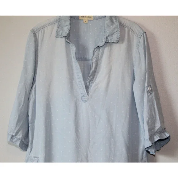Cloth & Stone Dot Denim Chambray Tunic Top Faded Mini Shirt Dress Size Medium - Picture 6 of 16